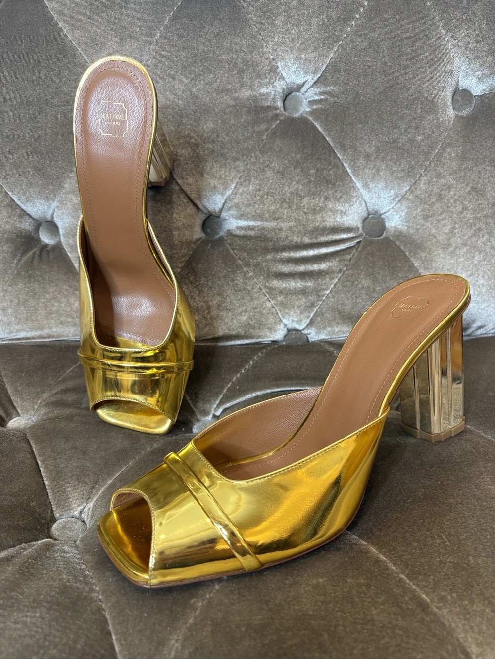 Malone Souliers Lira Metallic Gold Open-Toe Block Heel Mules